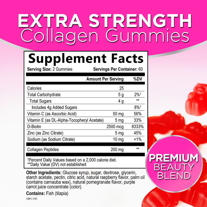 Collagen Peptides Gummies for Women & Men - Collagen Protein with Biotin, Extra Strength Hydrolyzed Collagen Peptides Gummy Supplement for Hair, Skin & Nails & Joint Support, Non-GMO