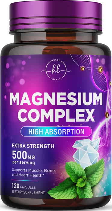 Magnesium Complex 500 mg - Best Blend of Glycinate, Citrate, Malate & Oxide - Supports Sleep, Muscle, Bone & Heart Health - High Absorption, Chelated Magnesium Mineral Supplement - 120 Capsules