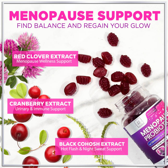 Menopause Probiotics for Women Gummy with Cranberry, 3 Billion CFU, Natural Menopause Relief for Weight Loss, Hot Flashes, Night Sweats, Mood Swings, Immune Support, Probiotic Supplement - 60 Gummies