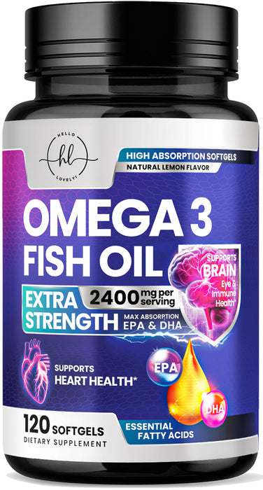 Omega 3 Fish Oil Triple Strength 2400 mg Rapid Release Softgels, Omega-3 Supplements, Natural Brain Heart Joint Health & Immune Support - Fatty Acids with EPA & DHA - Fish Oil Supplement