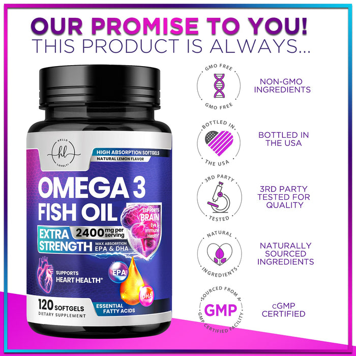 Omega 3 Fish Oil Triple Strength 2400 mg Rapid Release Softgels, Omega-3 Supplements, Natural Brain Heart Joint Health & Immune Support - Fatty Acids with EPA & DHA - Fish Oil Supplement