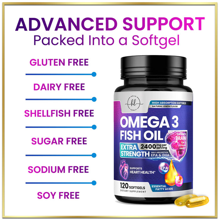 Omega 3 Fish Oil Triple Strength 2400 mg Rapid Release Softgels, Omega-3 Supplements, Natural Brain Heart Joint Health & Immune Support - Fatty Acids with EPA & DHA - Fish Oil Supplement