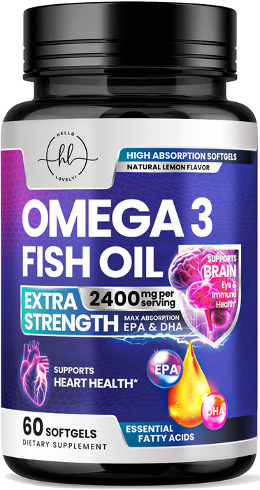 Omega 3 Fish Oil Triple Strength 2400 mg Rapid Release Softgels, Omega-3 Supplements, Natural Brain Heart Joint Health & Immune Support - Fatty Acids with EPA & DHA - Fish Oil Supplement