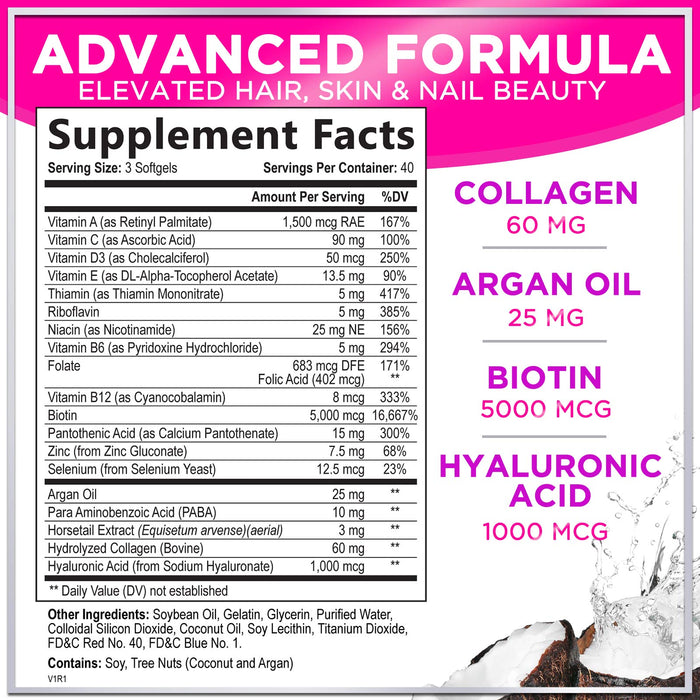 Hair Vitamins for Women with Biotin 5000mcg - Hair, Skin & Nails Health & Keratin Support Infused with Argan Oil, Collagen & Hyaluronic Acid, Womens Hair Growth Support Supplement
