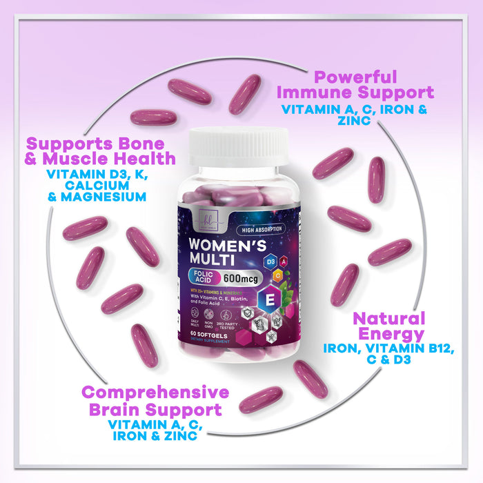 Multivitamin for Women - Vitamin A, C, D, E, and 8 B Vitamins for Energy & Immune Support, with Biotin, Iron & Zinc for Bone & Skin Health, Daily Womens Multivitamin & Minerals - 60 Softgels