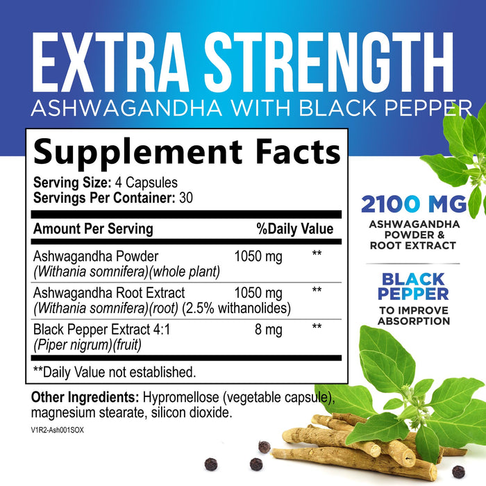 Ashwagandha 2,100 mg Extra Strength with Black Pepper, Pure Ashwagandha Powder plus Root Extract Adaptogen Formula for Energy and Immune Support, Non GMO, Vegan