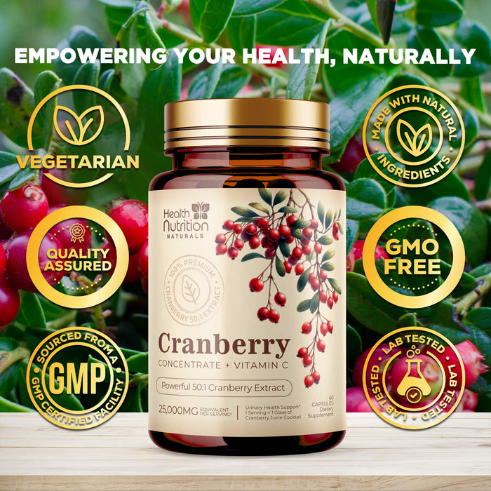 Cranberry Pills 50:1 Concentrate Extract + Vitamin C - 25,000mg High Potency Formula - Supports Urinary Tract Health, Non-GMO, Gluten-Free, Natural Cranberry Supplement for Women & Men