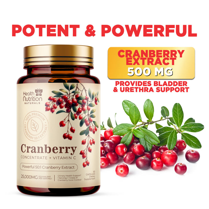 Cranberry Pills 50:1 Concentrate Extract + Vitamin C - 25,000mg High Potency Formula - Supports Urinary Tract Health, Non-GMO, Gluten-Free, Natural Cranberry Supplement for Women & Men