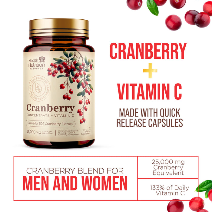 Cranberry Pills 50:1 Concentrate Extract + Vitamin C - 25,000mg High Potency Formula - Supports Urinary Tract Health, Non-GMO, Gluten-Free, Natural Cranberry Supplement for Women & Men