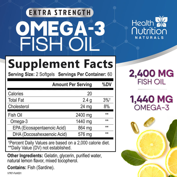 Health Nutrition Naturals Omega-3 Fish Oil Supplement, Triple Strength 2400mg High EPA 864mg and DHA 288mg for Natural Heart Support and Brain Support, Wild Caught Non-GMO, Lemon Flavor