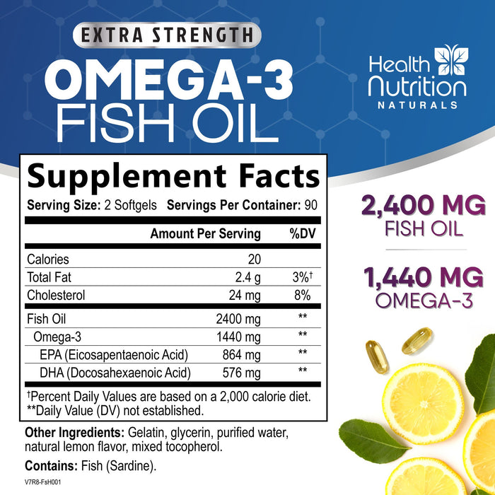 Health Nutrition Naturals Omega-3 Fish Oil Supplement, Triple Strength 2400mg High EPA 864mg and DHA 288mg for Natural Heart Support and Brain Support, Wild Caught Non-GMO, Lemon Flavor