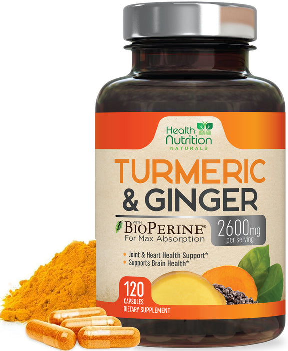 Health Nutrition Turmeric Curcumin 2600mg with Ginger & Black Pepper - 95% Standardized Curcuminoids, BioPerine for Max Absorption, Herbal Supplement for Joint Support, Tumeric Extract