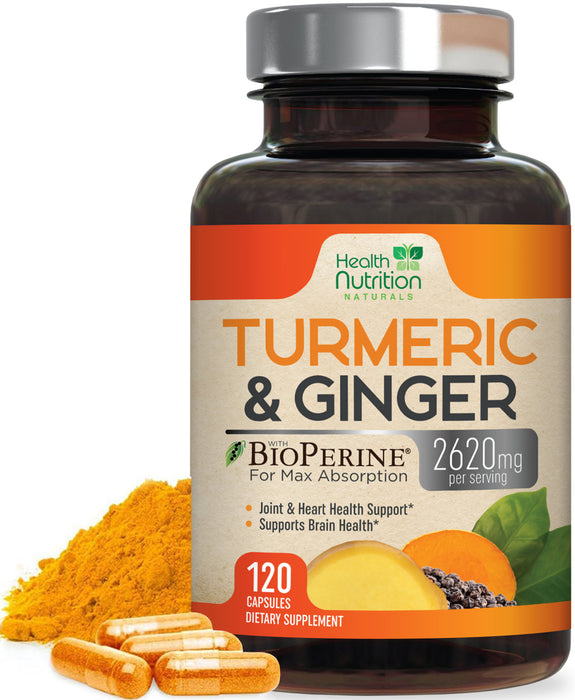 Health Nutrition Turmeric Curcumin 2600mg with Ginger & Black Pepper - 95% Standardized Curcuminoids, BioPerine for Max Absorption, Herbal Supplement for Joint Support, Tumeric Extract