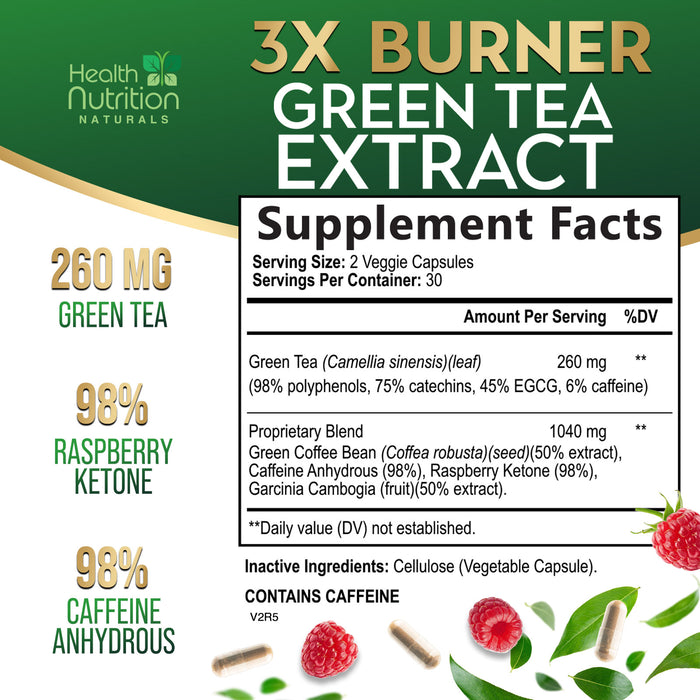 Green Tea Pills Extract - 98% Standardized EGCG 1300mg for Natural Energy - Supports Heart Health with Antioxidants, Polyphenols, Coffee Bean Gentle Caffeine - for Women & Men