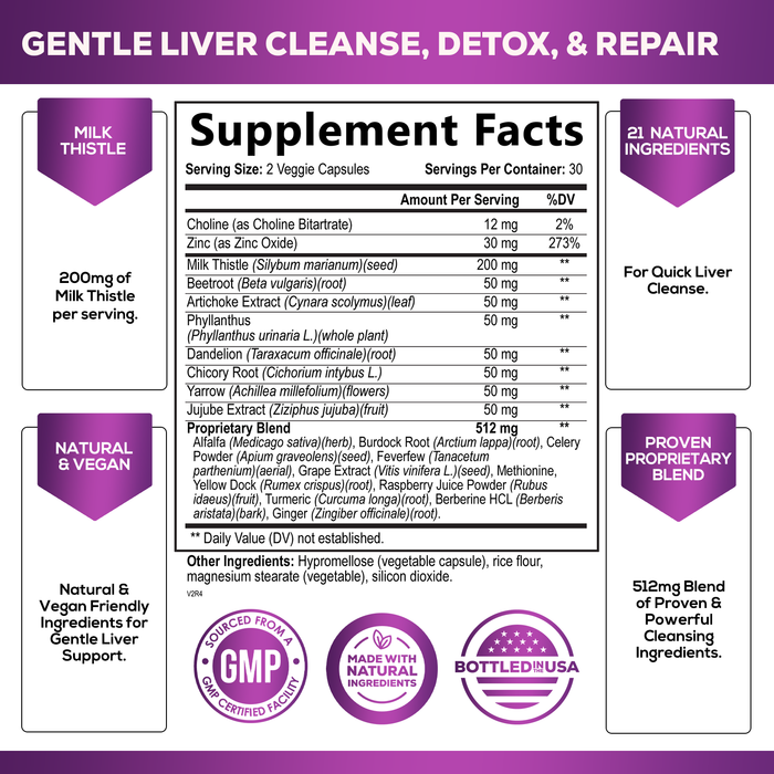 Gentle Liver Cleanse Detox & Repair Formula - Herbal Liver Support Supplement: Milk Thistle with Silymarin, Artichoke Extract, Dandelion, Beet, Chicory Root, & Turmeric for Liver Health