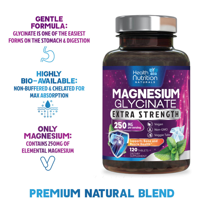 Magnesium Glycinate 425 mg with Calcium - Natural, High Absorption Magnesium Tablets Chelated for Muscle, Nerve, Bone & Heart Health Support - Non-GMO, Gluten Free, Vegan Supplement - 120 Tablets