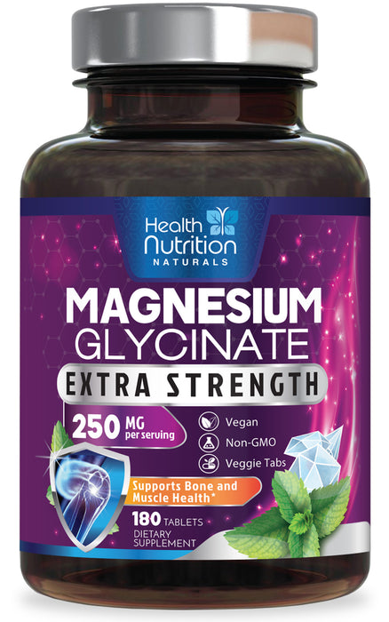 Magnesium Glycinate 250 mg - Natural, High Absorption Magnesium Tablets Chelated for Muscle, Nerve, Bone & Heart Health Support - Gentle Form, Non-GMO, Gluten Free