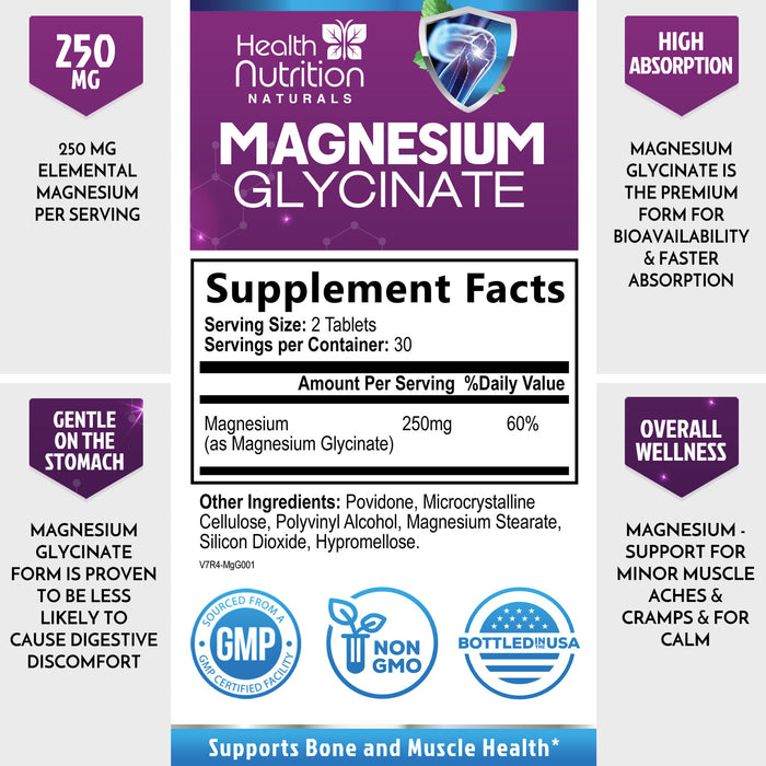 Magnesium Glycinate 250 mg - Natural, High Absorption Magnesium Tablets Chelated for Muscle, Nerve, Bone & Heart Health Support - Gentle Form, Non-GMO, Gluten Free