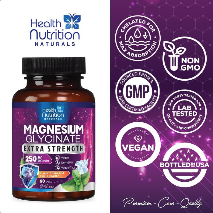 Magnesium Glycinate 250 mg - Natural, High Absorption Magnesium Tablets Chelated for Muscle, Nerve, Bone & Heart Health Support - Gentle Form, Non-GMO, Gluten Free