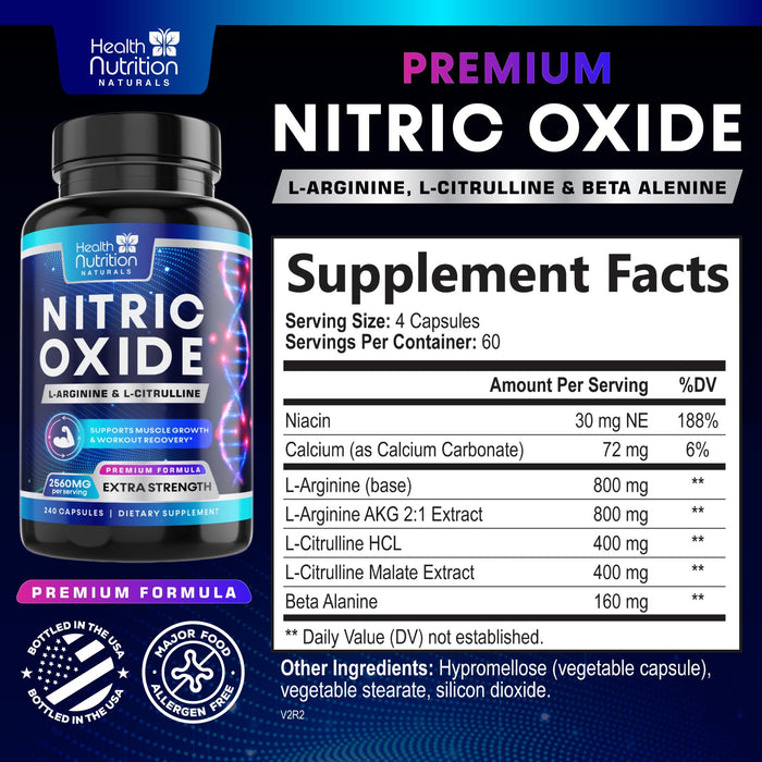 Health Nutrition Naturals HNN - Extra Strength Nitric Oxide Supplement L Arginine 3X Strength - Citrulline Malate, AAKG, Beta Alanine - Premium Muscle Support