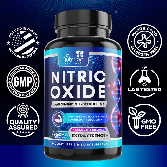 Health Nutrition Naturals HNN - Extra Strength Nitric Oxide Supplement L Arginine 3X Strength - Citrulline Malate, AAKG, Beta Alanine - Premium Muscle Support