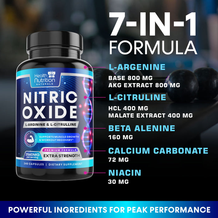 Health Nutrition Naturals HNN - Extra Strength Nitric Oxide Supplement L Arginine 3X Strength - Citrulline Malate, AAKG, Beta Alanine - Premium Muscle Support