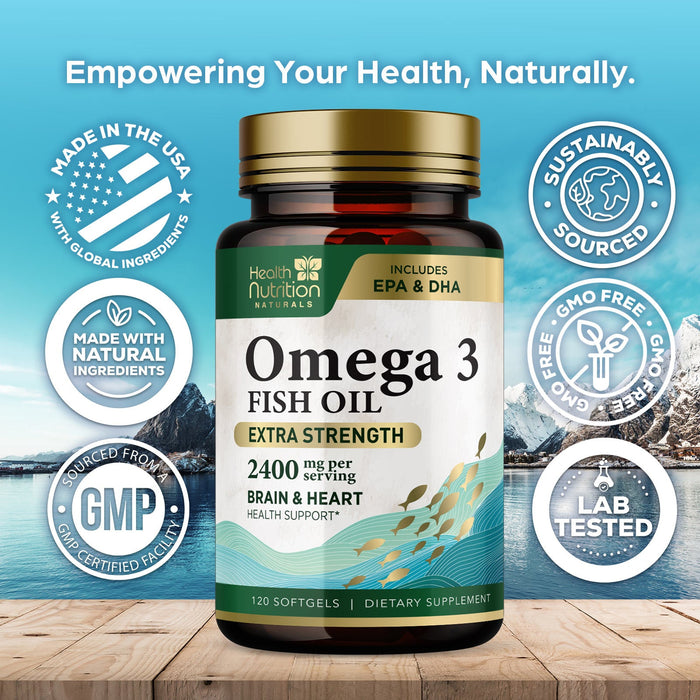 Triple Strength Omega 3 Fish Oil 2000 mg Softgels, Nature's Fish Oil Supplements, Brain & Heart Health Support - EPA & DHA, 1000 MG Fish Oil in Each Softgel, Omega-3 Supplement