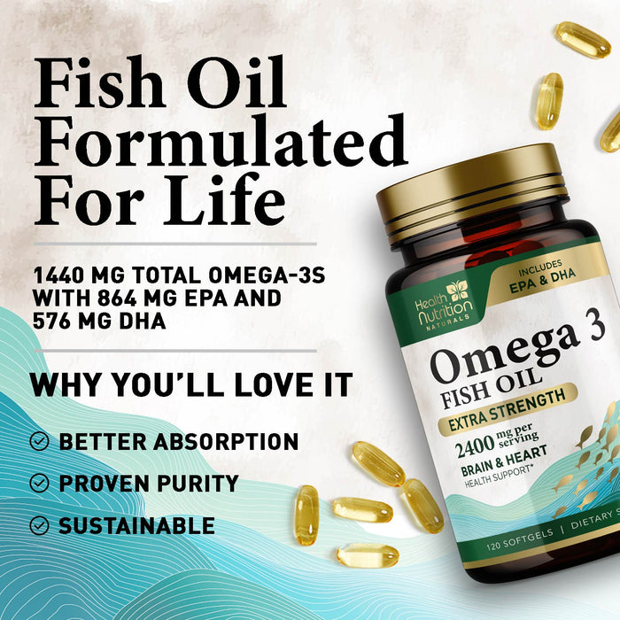 Triple Strength Omega 3 Fish Oil 2000 mg Softgels, Nature's Fish Oil Supplements, Brain & Heart Health Support - EPA & DHA, 1000 MG Fish Oil in Each Softgel, Omega-3 Supplement