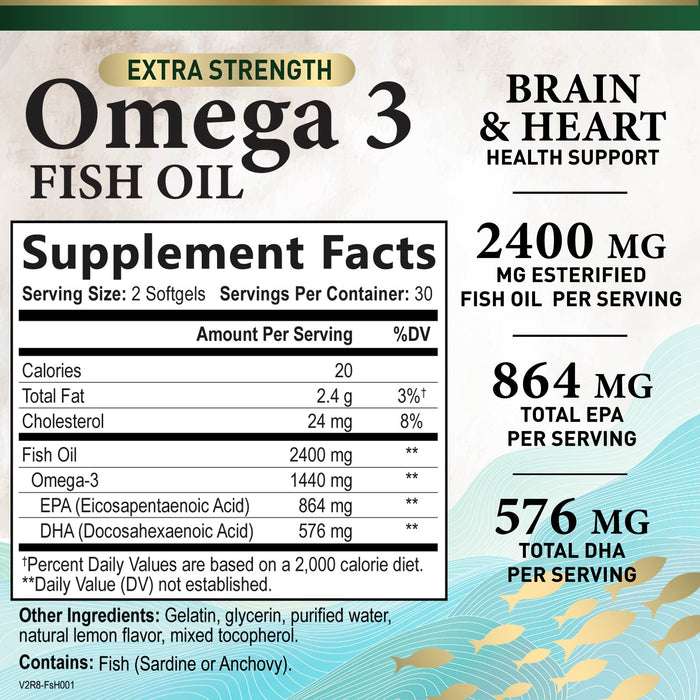 Omega 3 Fish Oil Triple Strength 1200 mg, Omega-3 Supplements, Natural Brain Heart Health & Immune Support - Fatty Acids with EPA & DHA - Wild Caught Purified Fish Oil Supplement - 60 Softgels