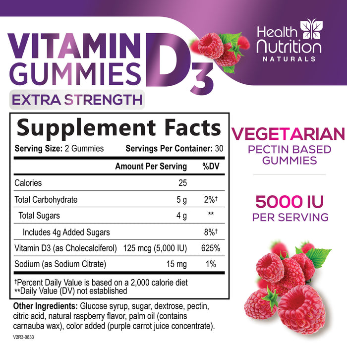 Vitamin D3 Gummy Extra Strength 5000 IU (125 mcg) High Potency Dietary Supplement for Bone, Teeth, Muscle & Immune Health Support, Nature's Vitamin D Supplement, Non-GMO