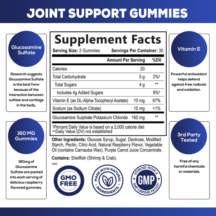 Joint Supplement Gummies - Extra Strength Glucosamine Joint Support Gummy - Nature's Joint Health & Flexibility for Back, Knees, Hands - Vitamin E for Immune Support for Women & Men