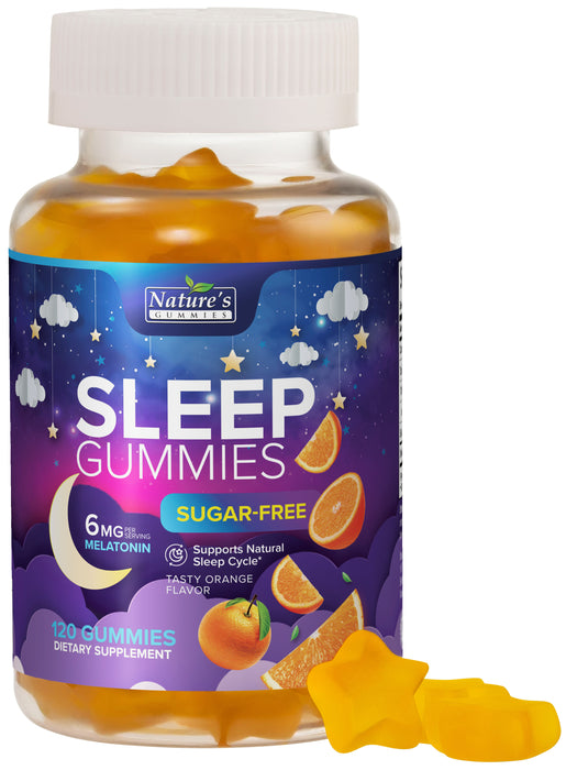 Nature's Gummies Sleep Gummies Sugar Free - Extra Strength 6mg Melatonin, Natural Sleeping Gummy for Adults and Kids, Orange Flavored, Vegan, Non-GMO, Sleep Vitamin Support Supplement