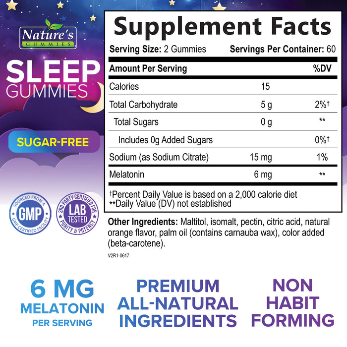 Nature's Gummies Sleep Gummies Sugar Free - Extra Strength 6mg Melatonin, Natural Sleeping Gummy for Adults and Kids, Orange Flavored, Vegan, Non-GMO, Sleep Vitamin Support Supplement