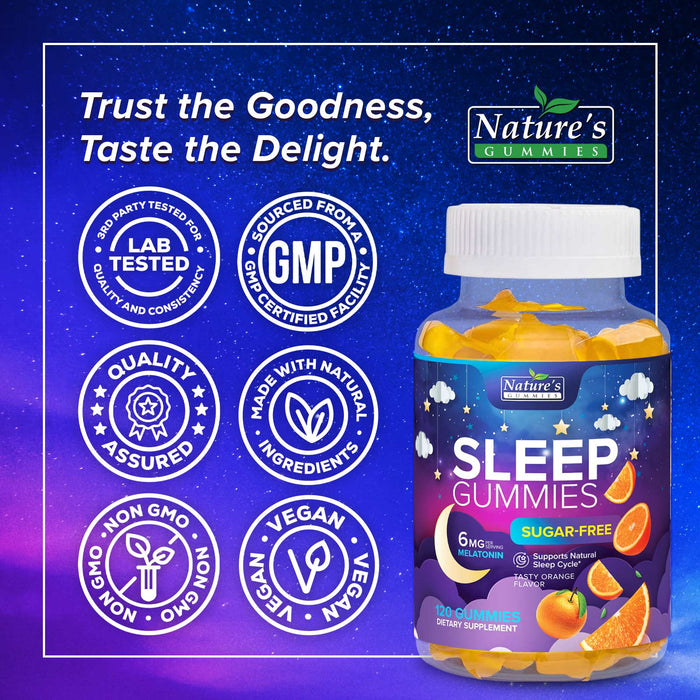 Nature's Gummies Sleep Gummies Sugar Free - Extra Strength 6mg Melatonin, Natural Sleeping Gummy for Adults and Kids, Orange Flavored, Vegan, Non-GMO, Sleep Vitamin Support Supplement