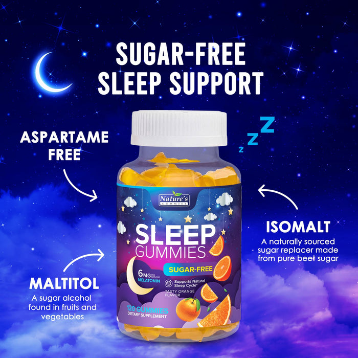 Nature's Gummies Sleep Gummies Sugar Free - Extra Strength 6mg Melatonin, Natural Sleeping Gummy for Adults and Kids, Orange Flavored, Vegan, Non-GMO, Sleep Vitamin Support Supplement