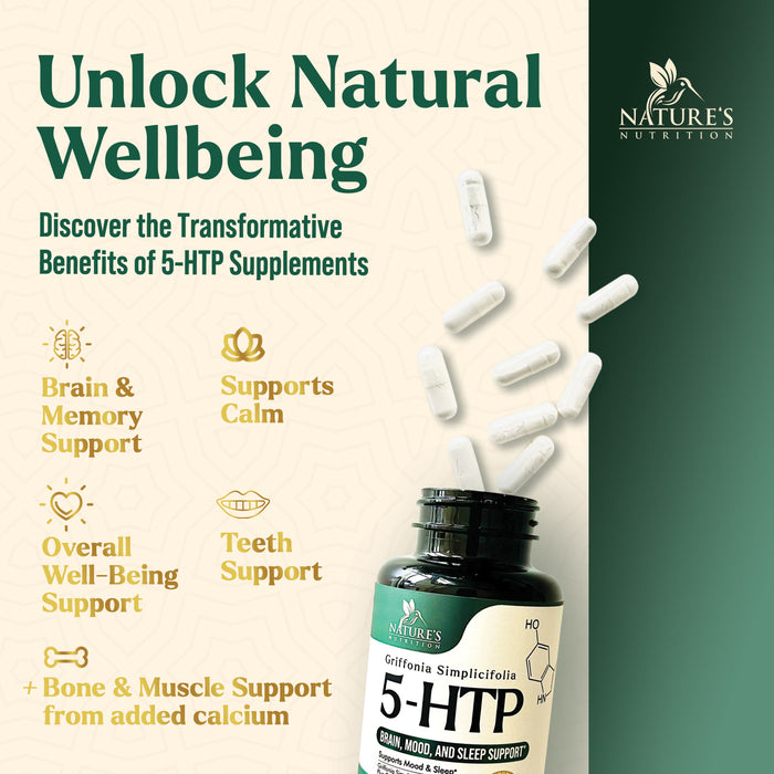 5 HTP Supplement Capsules 200 mg 5HTP Plus Calcium for Brain Support - Extra Strength 5-HTP - 5 Hydroxytryptophan - Premium, Natural, Gluten Free, and Non-GMO