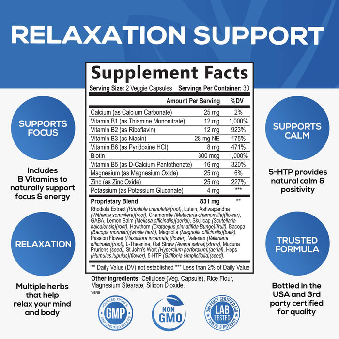 Nature's Nutrition Calm & Stress Support Supplement - with Magnesium, Ashwagandha, 5-HTP, L-Theanine, GABA - Natural Stress & Immune Support to Relax, Focus, Unwind - Vegan & Non-GMO