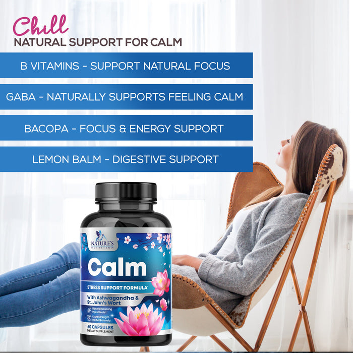 Nature's Nutrition Calm & Stress Support Supplement - with Magnesium, Ashwagandha, 5-HTP, L-Theanine, GABA - Natural Stress & Immune Support to Relax, Focus, Unwind - Vegan & Non-GMO