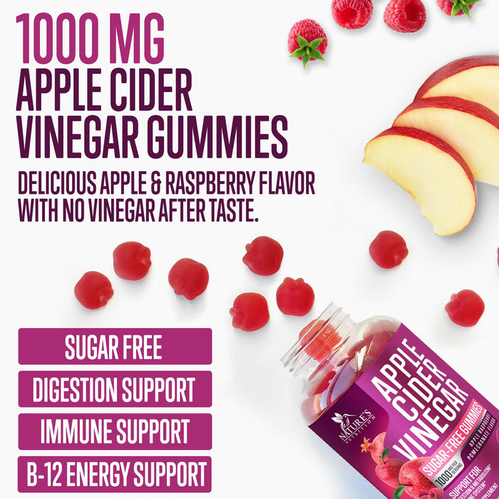 Vegan Apple Cider Vinegar Gummies 1000mg for Detox and Cleanse, Nature's ACV Gummy Vitamins B12 Supplement for Digestion, Natural Apple Raspberry Flavor, Non-GMO, Gluten Free for Adults