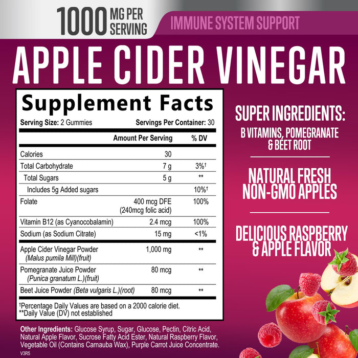 Vegan Apple Cider Vinegar Gummies 1000mg for Detox and Cleanse, Nature's ACV Gummy Vitamins B12 Supplement for Digestion, Natural Apple Raspberry Flavor, Non-GMO, Gluten Free for Adults