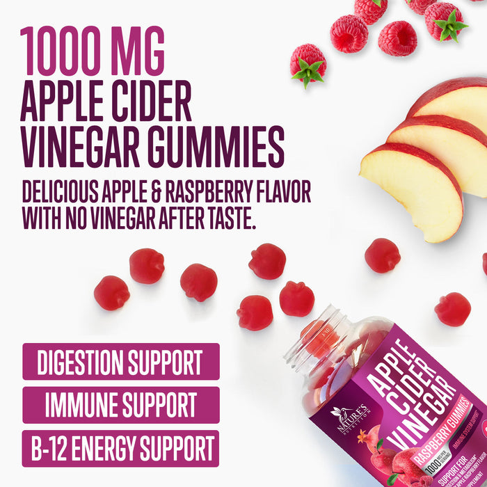 Vegan Apple Cider Vinegar Gummies 1000mg for Detox and Cleanse, Nature's ACV Gummy Vitamins B12 Supplement for Digestion, Natural Apple Raspberry Flavor, Non-GMO, Gluten Free for Adults