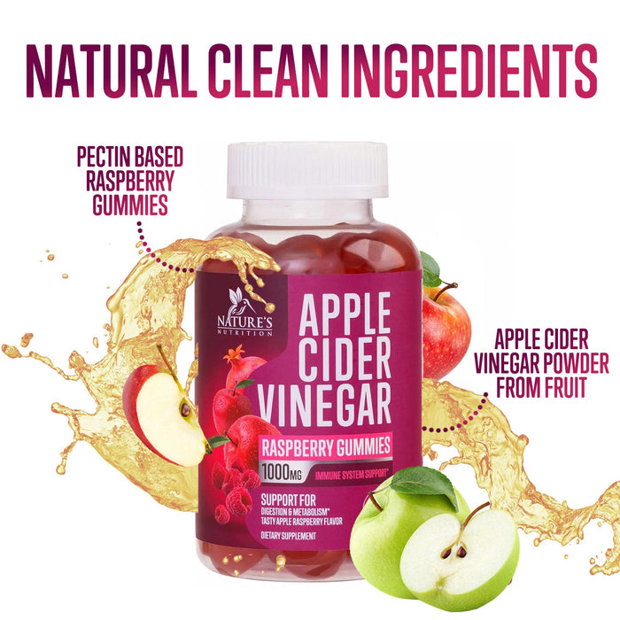 Vegan Apple Cider Vinegar Gummies 1000mg for Detox and Cleanse, Nature's ACV Gummy Vitamins B12 Supplement for Digestion, Natural Apple Raspberry Flavor, Non-GMO, Gluten Free for Adults