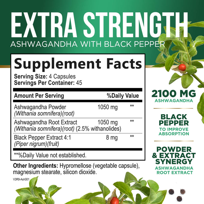 Organic Ashwagandha Capsules - Pure Organic Ashwagandha Powder & Root Extract Capsules - Extra Strength Stress Support Plus Thyroid Support Supplement - Vegan, Gluten Free, Non-GMO