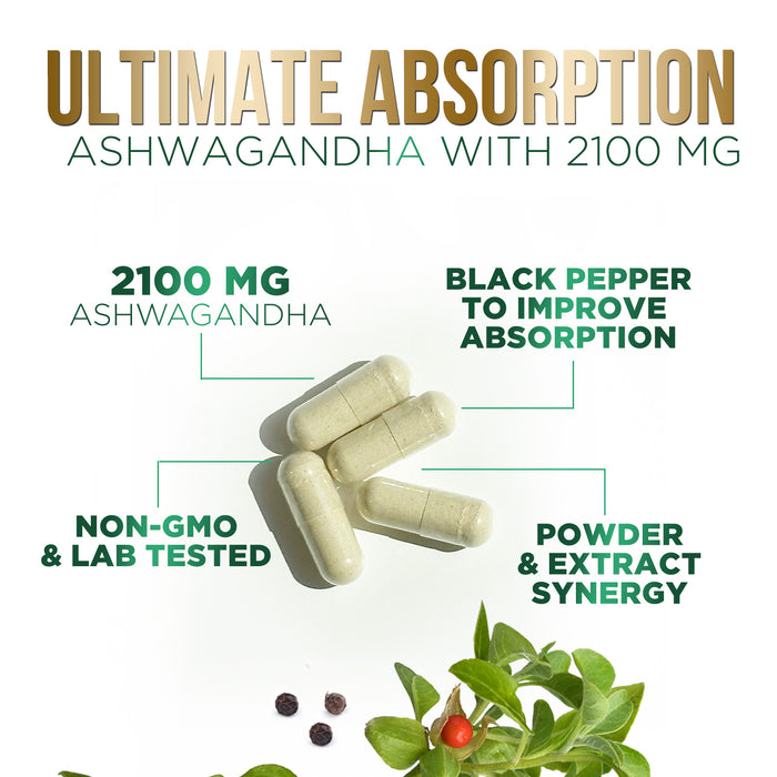 Organic Ashwagandha Capsules - Pure Organic Ashwagandha Powder & Root Extract Capsules - Extra Strength Stress Support Plus Thyroid Support Supplement - Vegan, Gluten Free, Non-GMO