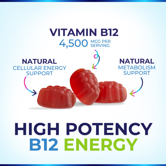 B-12 Vitamin Energy Gummies - 4500mcg Extra Strength B12 Gummy Chewables for Energy Metabolism & Immune Support - Dietary Supplement for Women, Men, & Kids - Non-GMO, Vegan, Berry Flavor - 120 Count