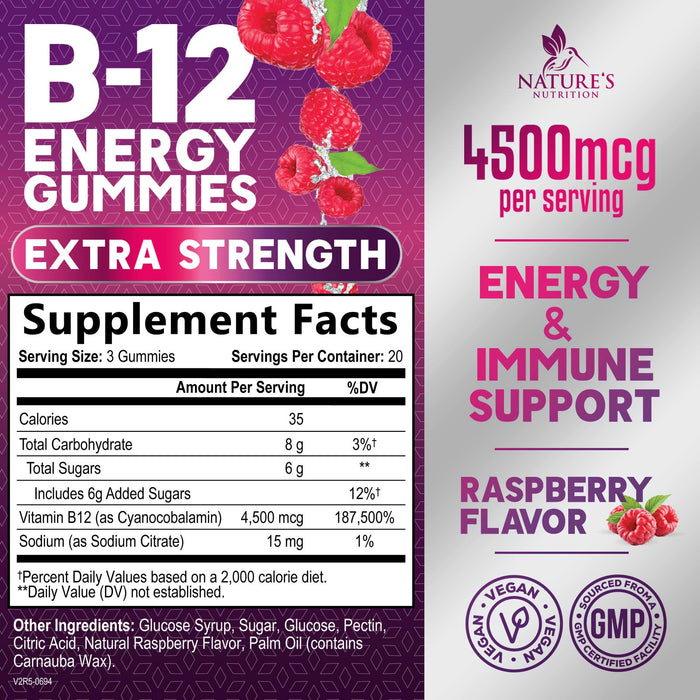 Nature's Nutrition Vitamin B12 Energy Gummies 4500 mcg for Metabolism & Nervous System Health Support, Berry Flavor Gummy B-12 Chewable Supplement for Men & Women, Caffeine Free, Vegan