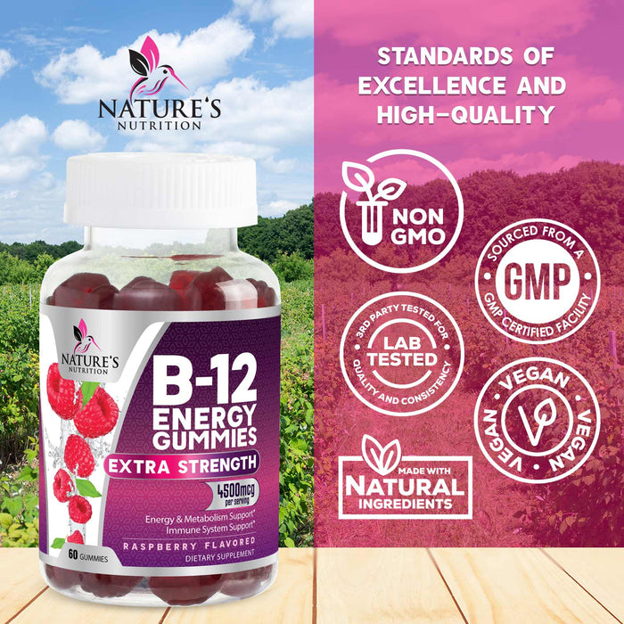 Nature's Nutrition Vitamin B12 Energy Gummies 4500 mcg for Metabolism & Nervous System Health Support, Berry Flavor Gummy B-12 Chewable Supplement for Men & Women, Caffeine Free, Vegan