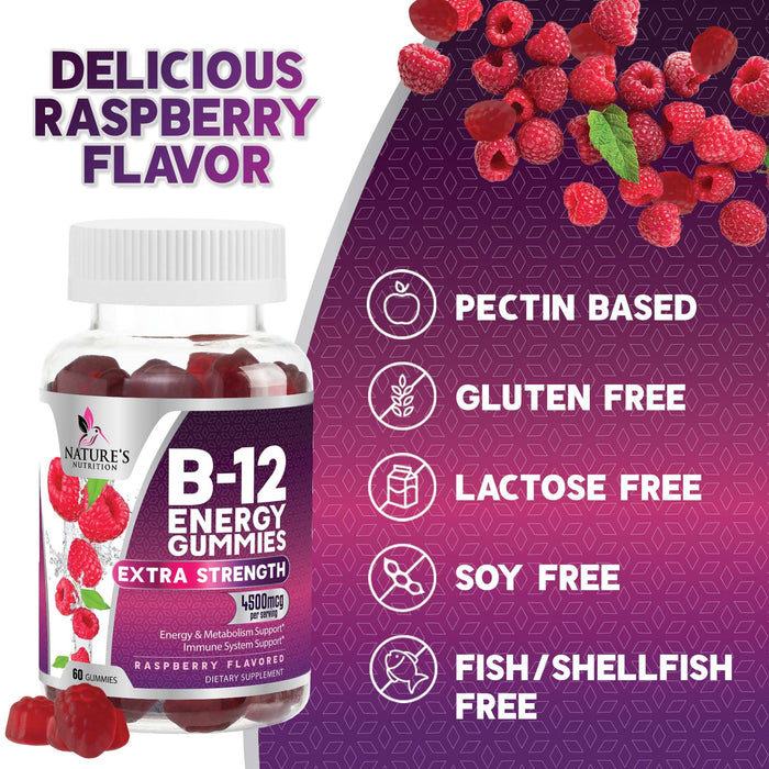 Nature's Nutrition Vitamin B12 Energy Gummies 4500 mcg for Metabolism & Nervous System Health Support, Berry Flavor Gummy B-12 Chewable Supplement for Men & Women, Caffeine Free, Vegan