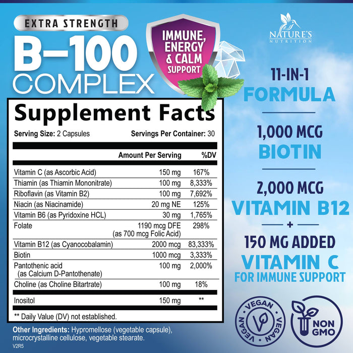 Vitamin B Complex with Vitamin C & Folic Acid - Dietary Supplement for Energy, Immune, & Brain Support - Nature's Super B Vitamin Complex for Women and Men, Made with Folate Capsules