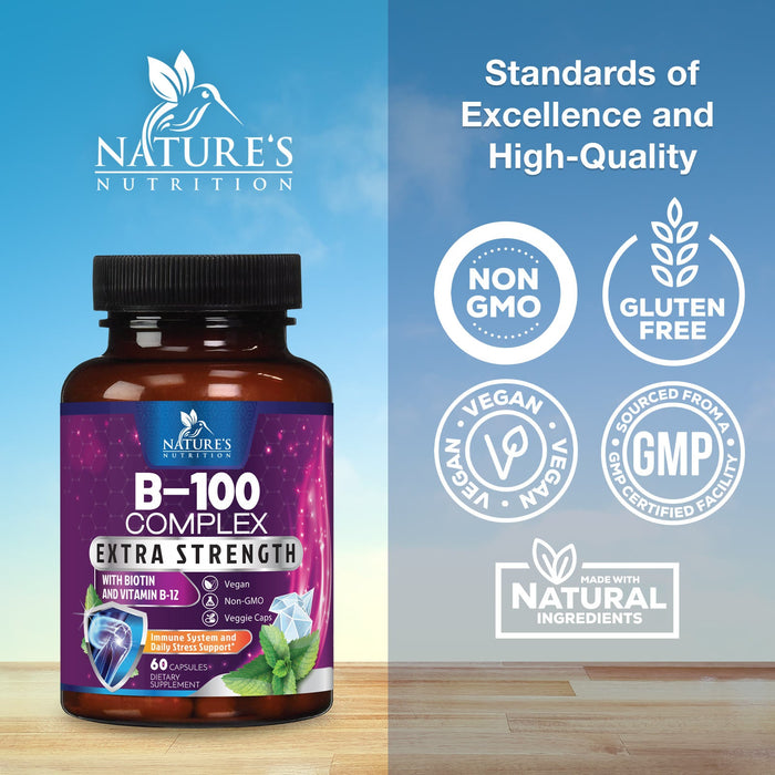 Vitamin B Complex with Vitamin C & Folic Acid - Dietary Supplement for Energy, Immune, & Brain Support - Nature's Super B Vitamin Complex for Women and Men, Made with Folate Capsules
